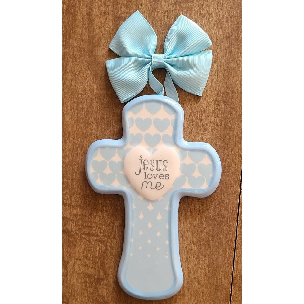 Grow In Grace Baby Boy Jesus Loves Me Cross Nursery Wall Decor, Blue 9.5"